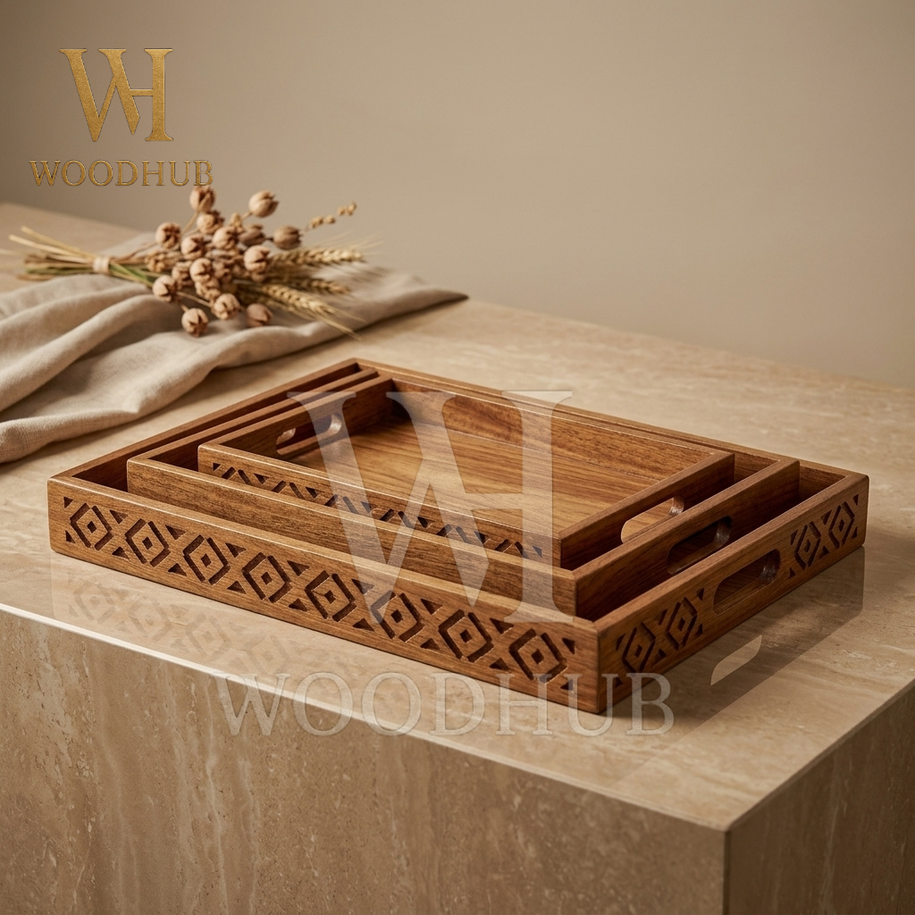 Wooden Tray Set Cutwork – 3 Pcs Set | Woodhub.pk 4 Wooden Tray Set Cutwork - woodhub