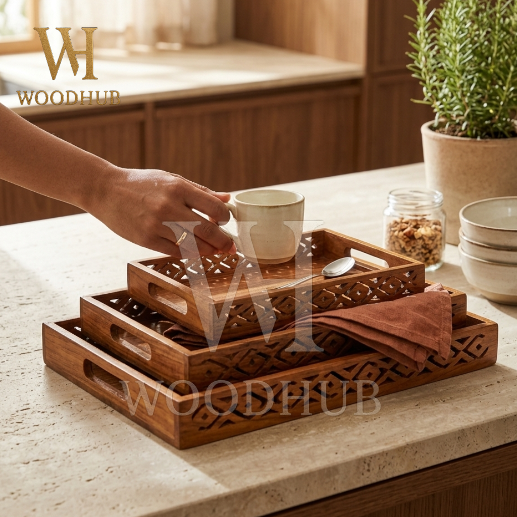 Wooden Tray Set Cutwork – 3 Pcs Set | Woodhub.pk 2 Wooden Tray Set Cutwork - woodhub