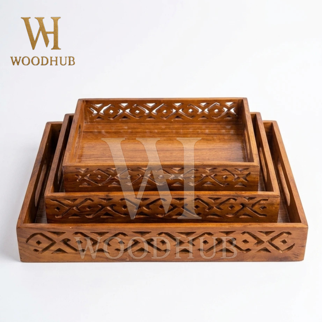 Wooden Tray Set Cutwork – 3 Pcs Set | Woodhub.pk 1 Wooden Tray Set Cutwork - woodhub